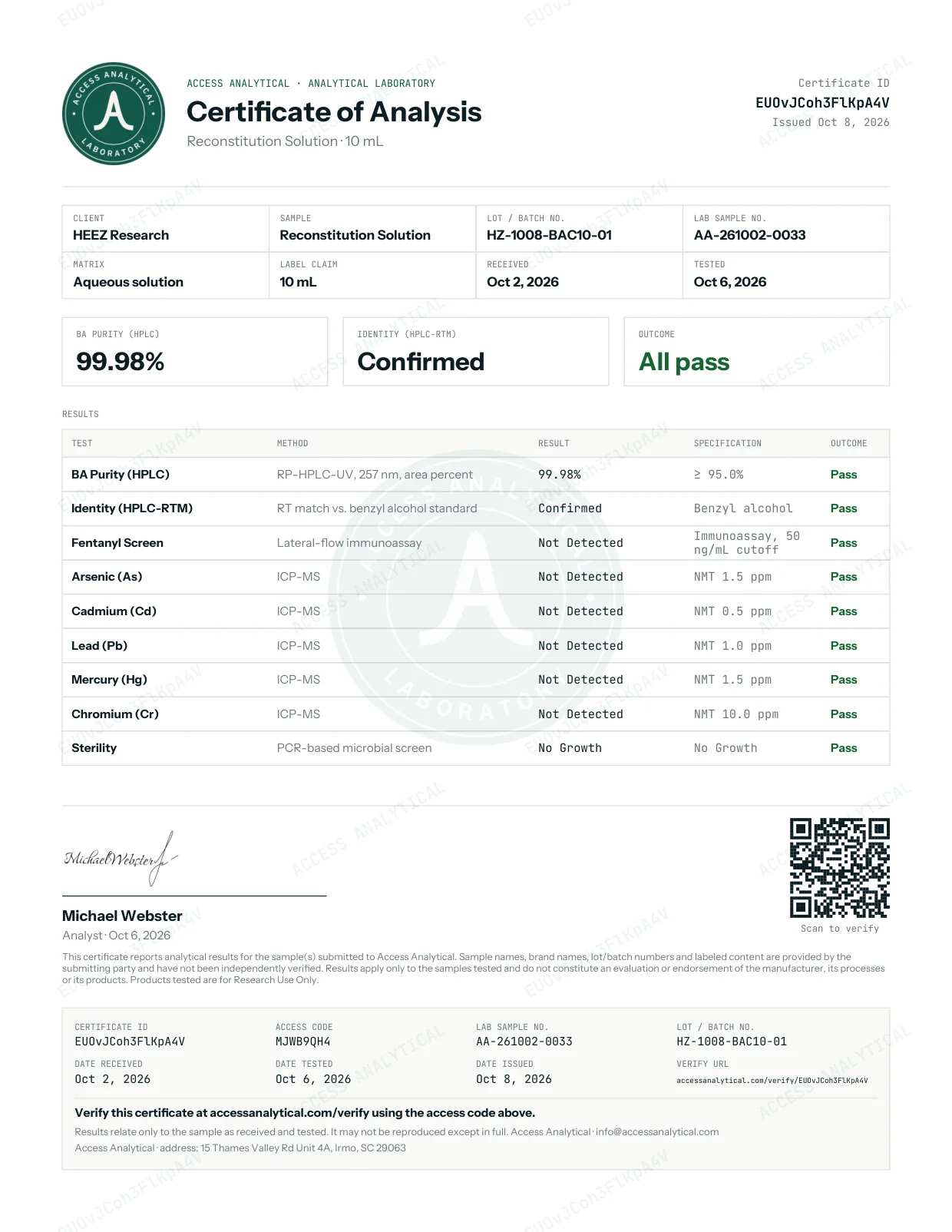 Reconstitution Solution 10 mL certificate of analysis, lot HZ-1008-BAC10-01