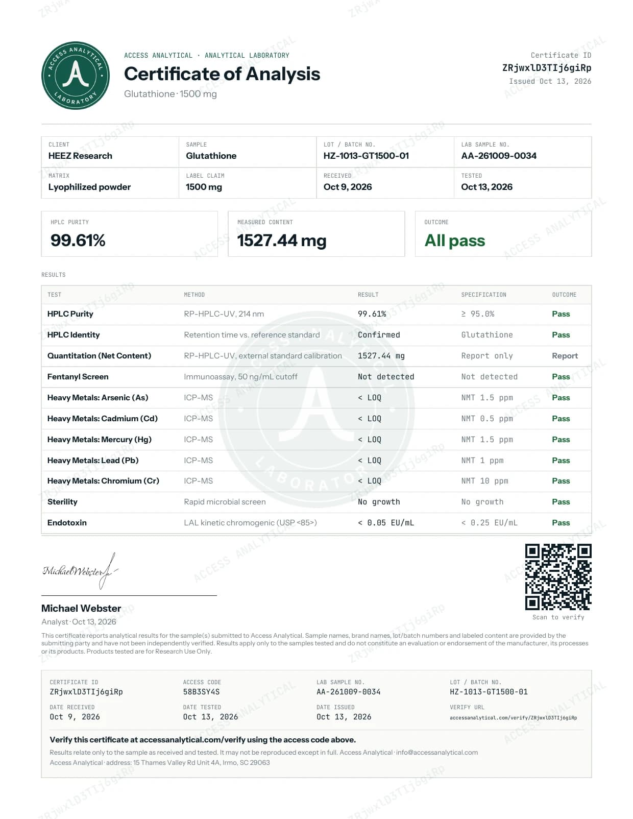 Glutathione 1500 mg certificate of analysis, lot HZ-1013-GT1500-01