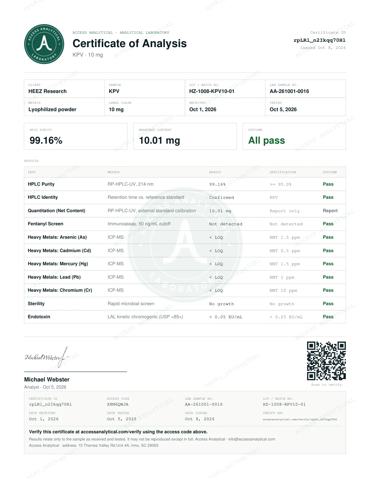 KPV 10 mg certificate of analysis, lot HZ-1008-KPV10-01