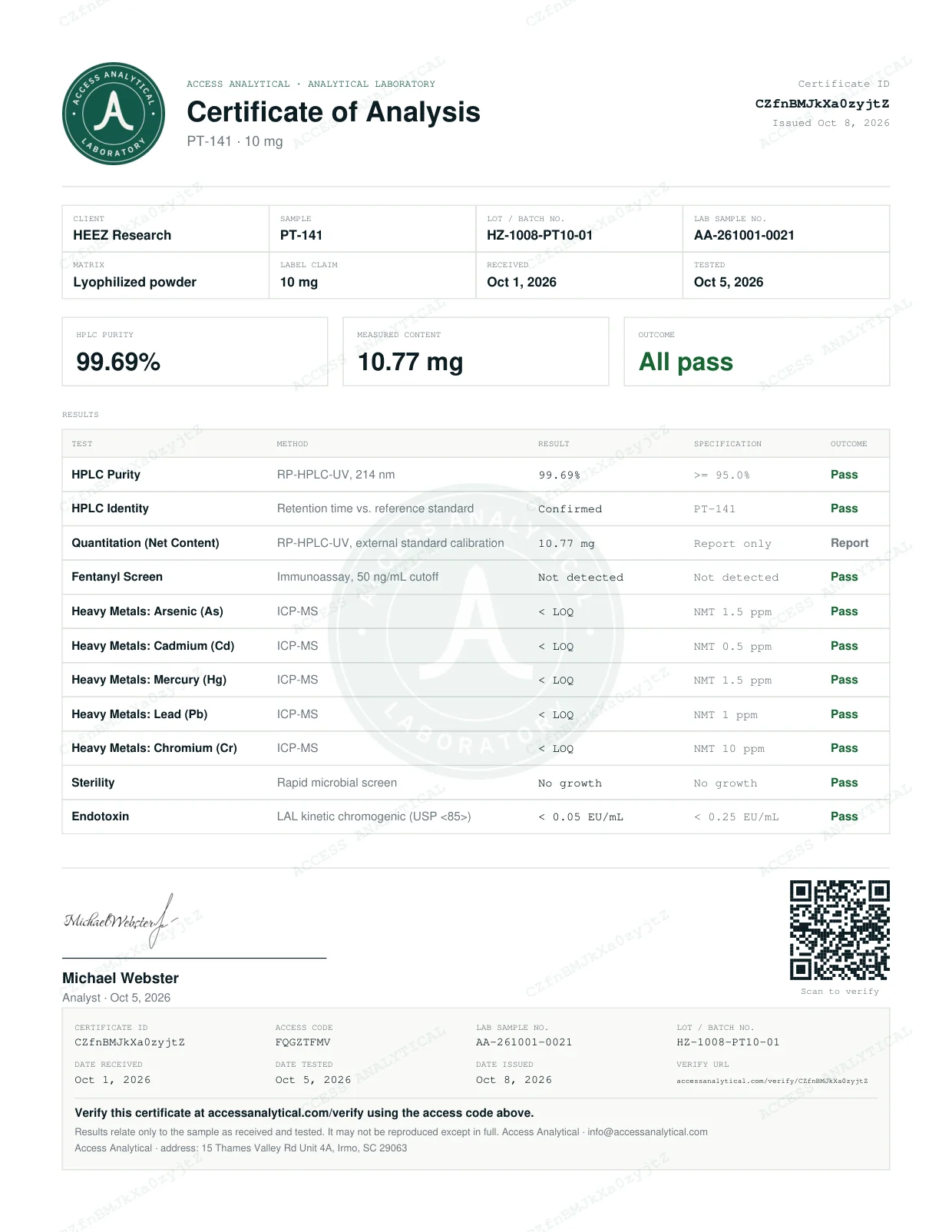 PT-141 10 mg certificate of analysis, lot HZ-1008-PT10-01