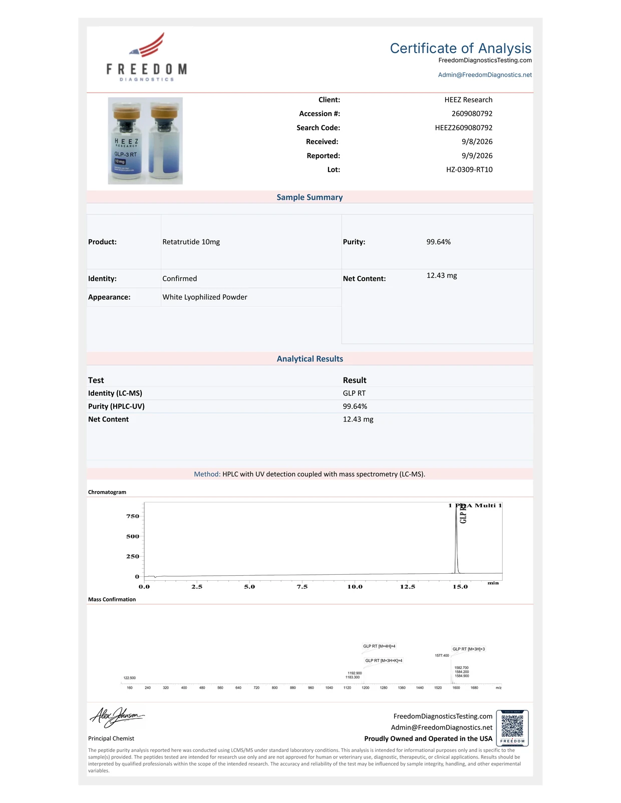 GLP-3 RT 10mg Certificate of Analysis — lot HZ-0309-RT10