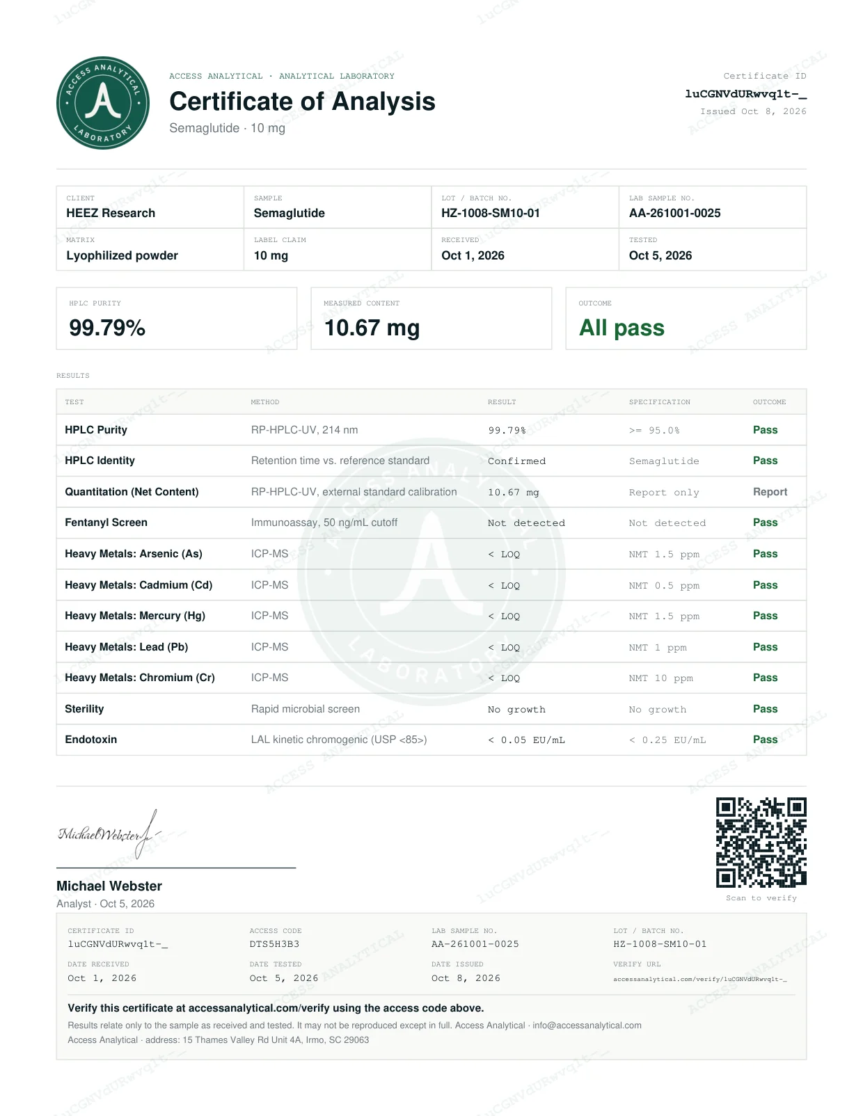 Semaglutide 10 mg certificate of analysis, lot HZ-1008-SM10-01