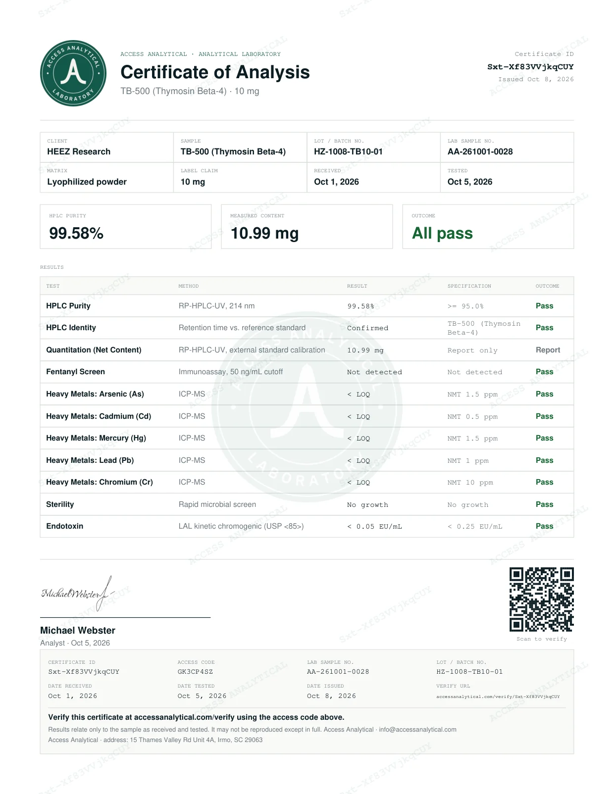 TB-500 10 mg certificate of analysis, lot HZ-1008-TB10-01